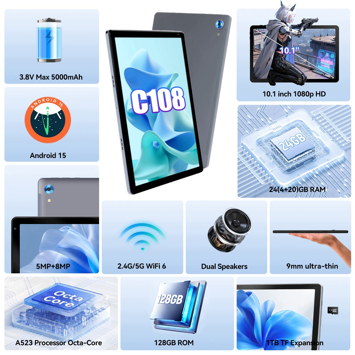 10.1" 8-Core Tablet Android 15 24GB RAM 128GB WiFi HD Keyboard for Study Packaging status original