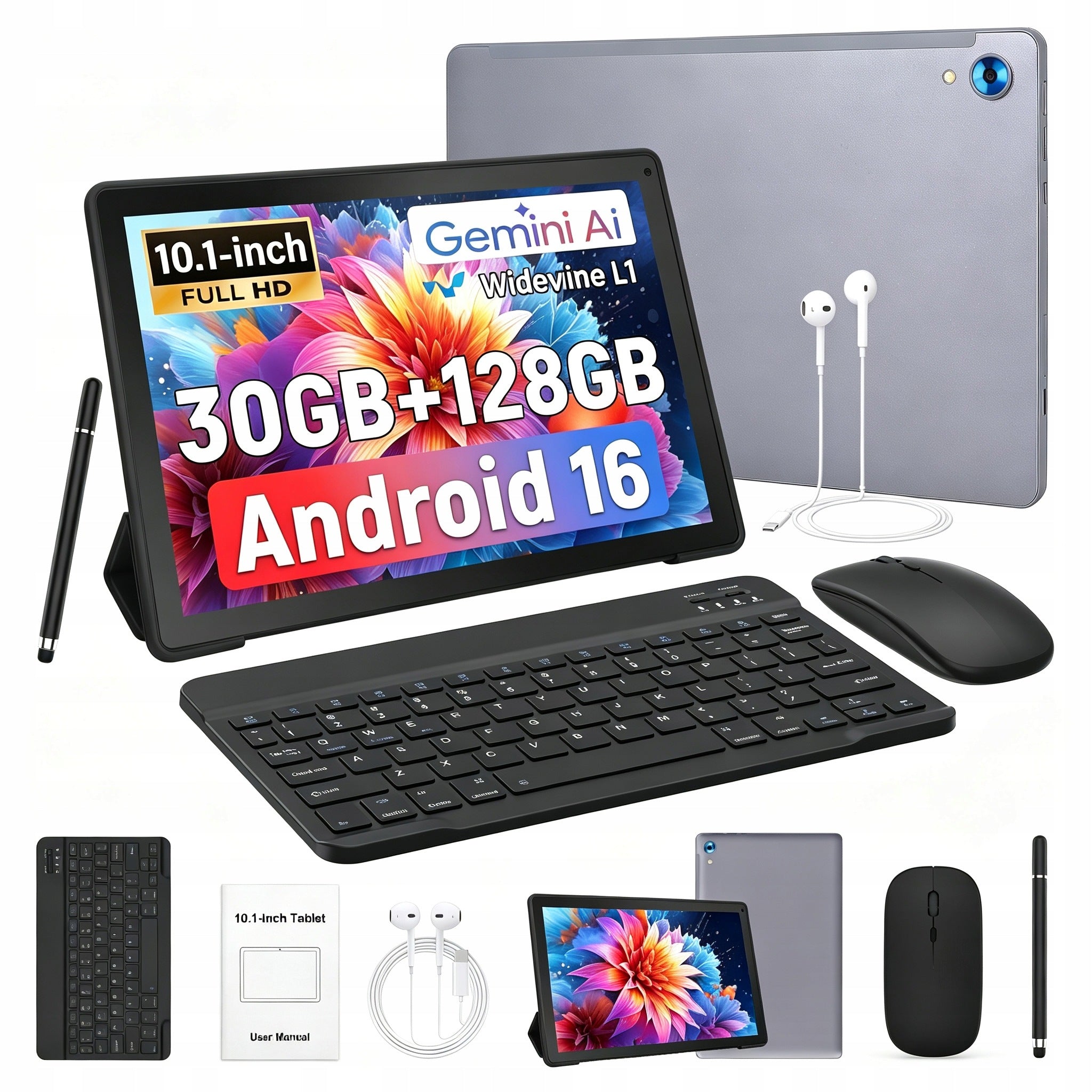 10.1 Inch Android 16 Tablet 30GB+128GB 6000mAh Set With Keyboard Gray
