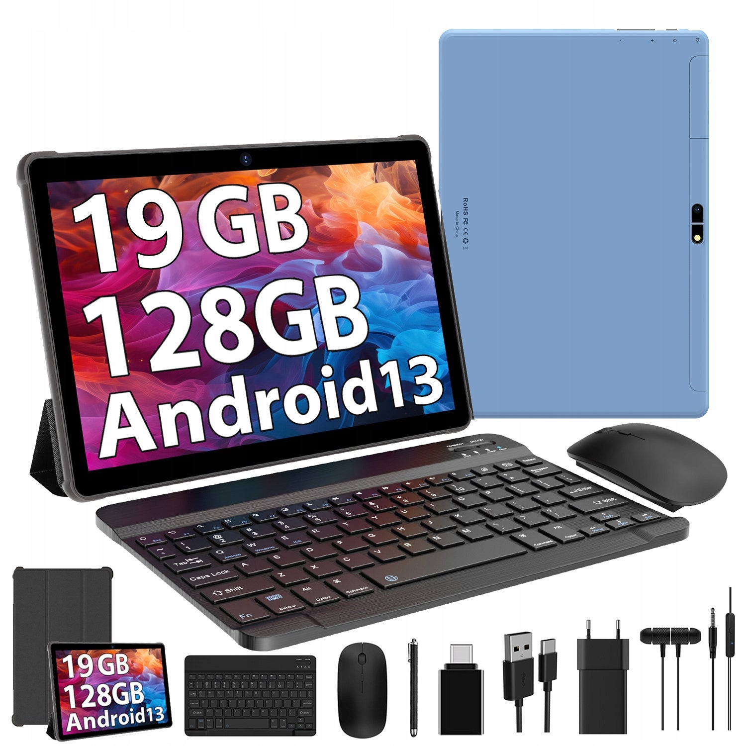 10.1-inch Octa-Core Tablet, 19GB RAM + 128GB Storage, Android 13, 5G WiFi, 8000mAh Battery, 1280x800 Display - Blue