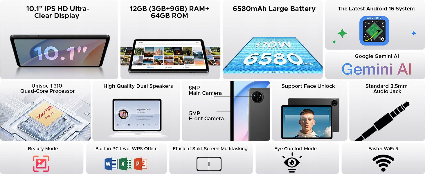 10.1-inch Tablet DOOGEE TAB A9 12GB/64GB 6580mAh WiFi5 Unisoc T310 Android 16 Manufacturer code 6923740268162
