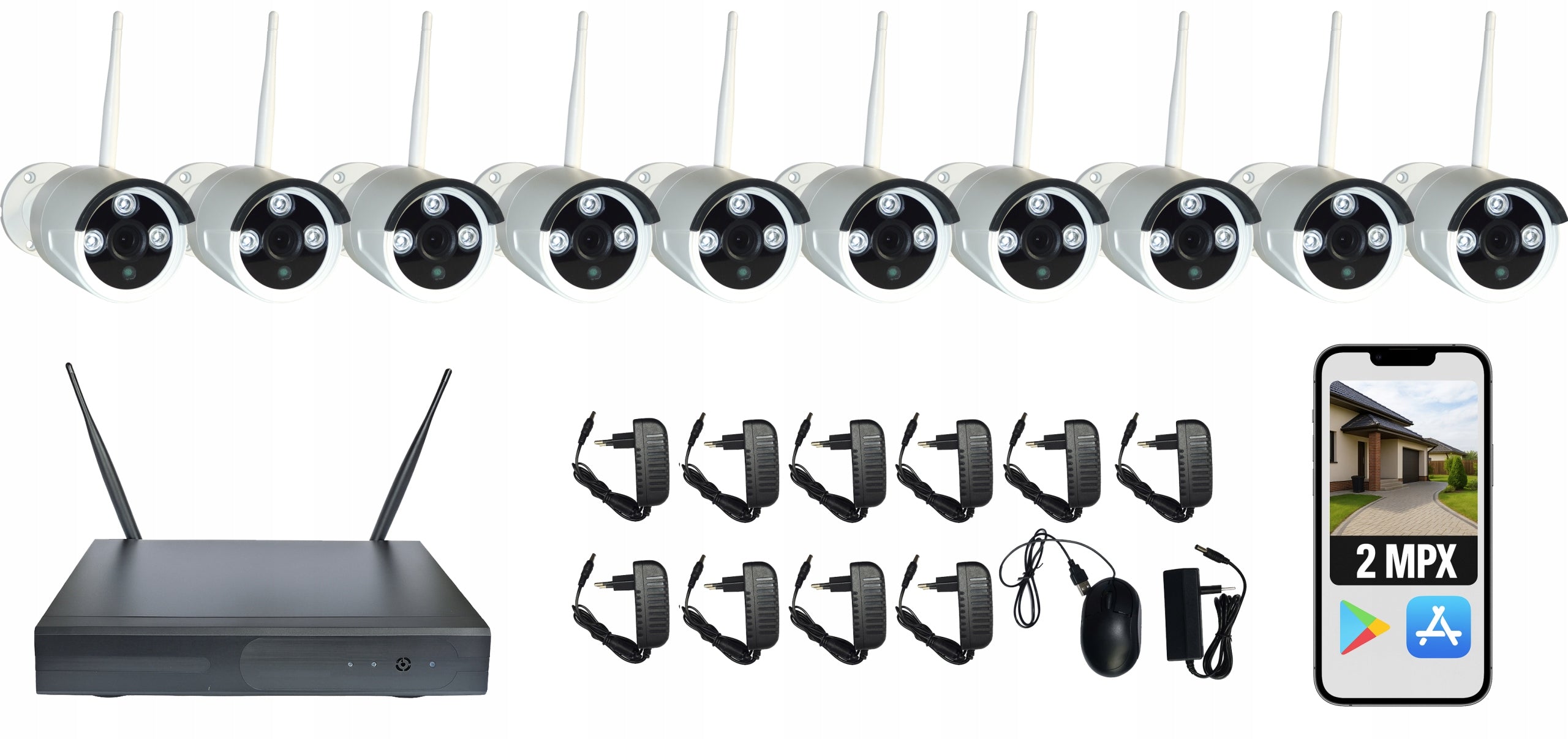 10 WiFi WIRELESS Cameras Set FULL HD 2 MPX DVR MONITORING