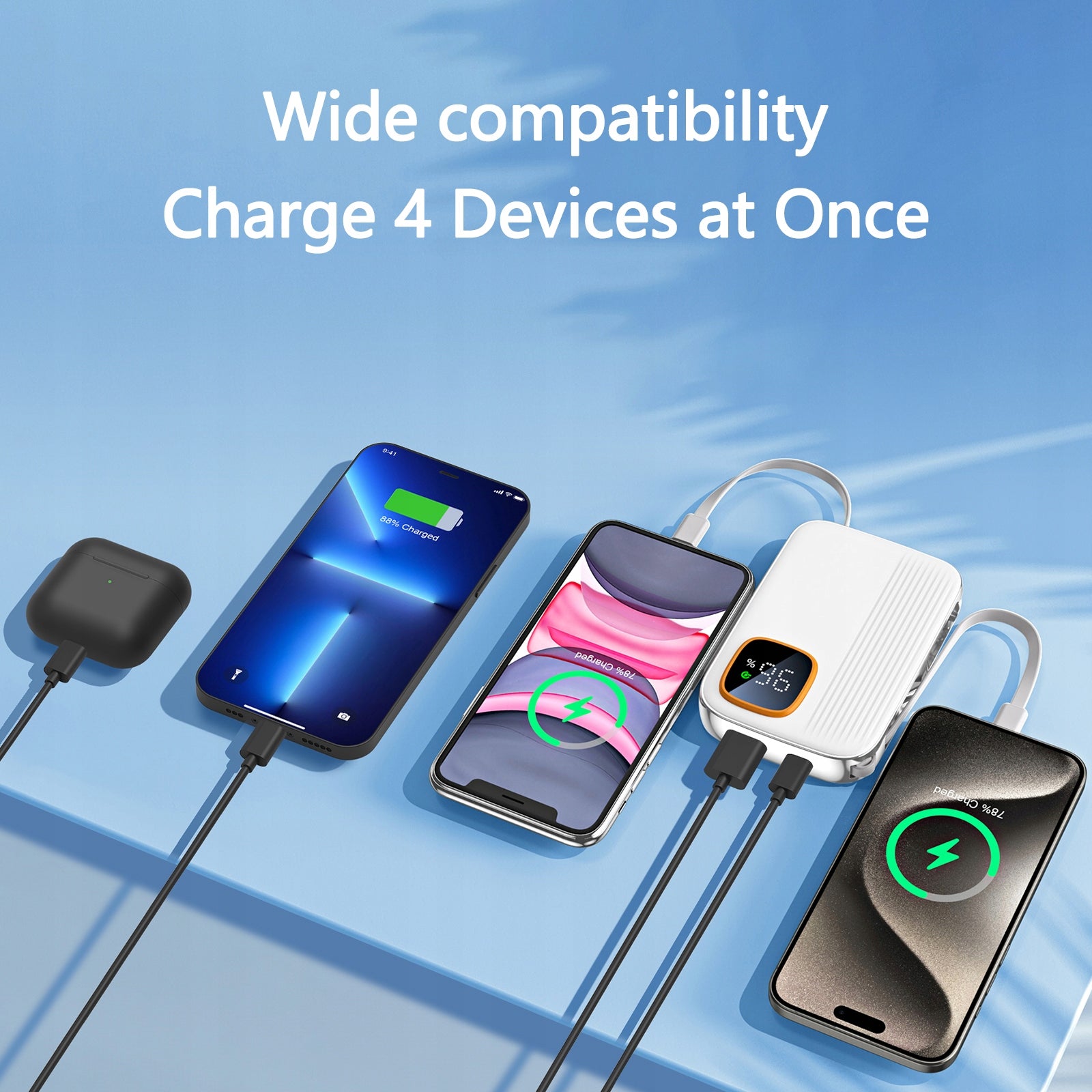 10000MAH POWER BANK WITH TWO BUILT IN CABLES USB-C/LIGHTNING OUTPUT FAST Manufacturer code 755113699688