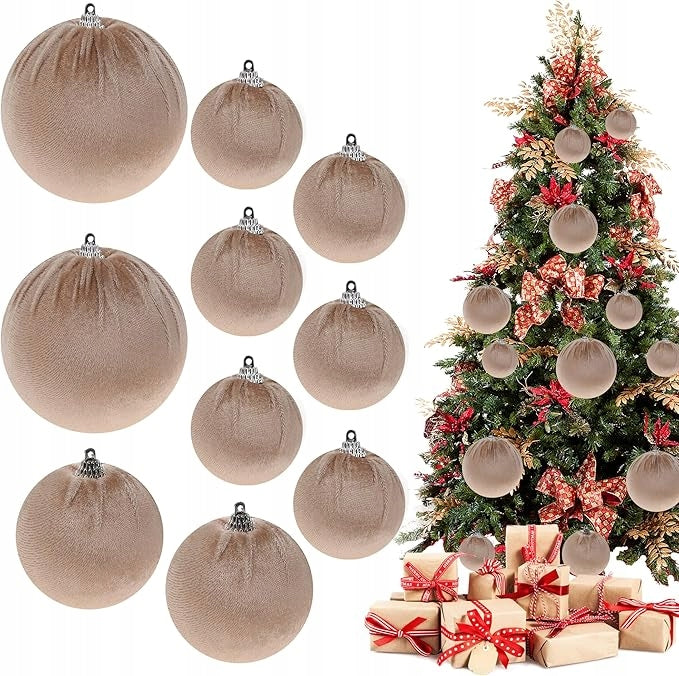 10x khaki velour baubles 6 to 10 cm shatterproof Christmas tree decorations