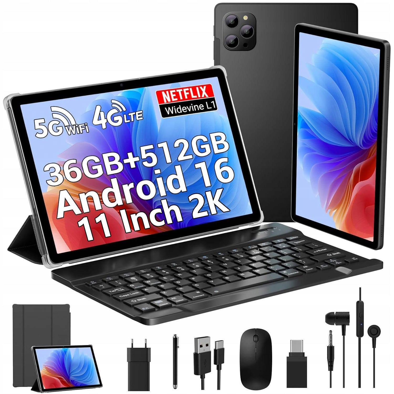 11-inch Android Tablet, 36GB RAM + 512GB Storage, Octa-Core Processor, 4G LTE/SIM, 5G WiFi, 2K Display (2000x1200)