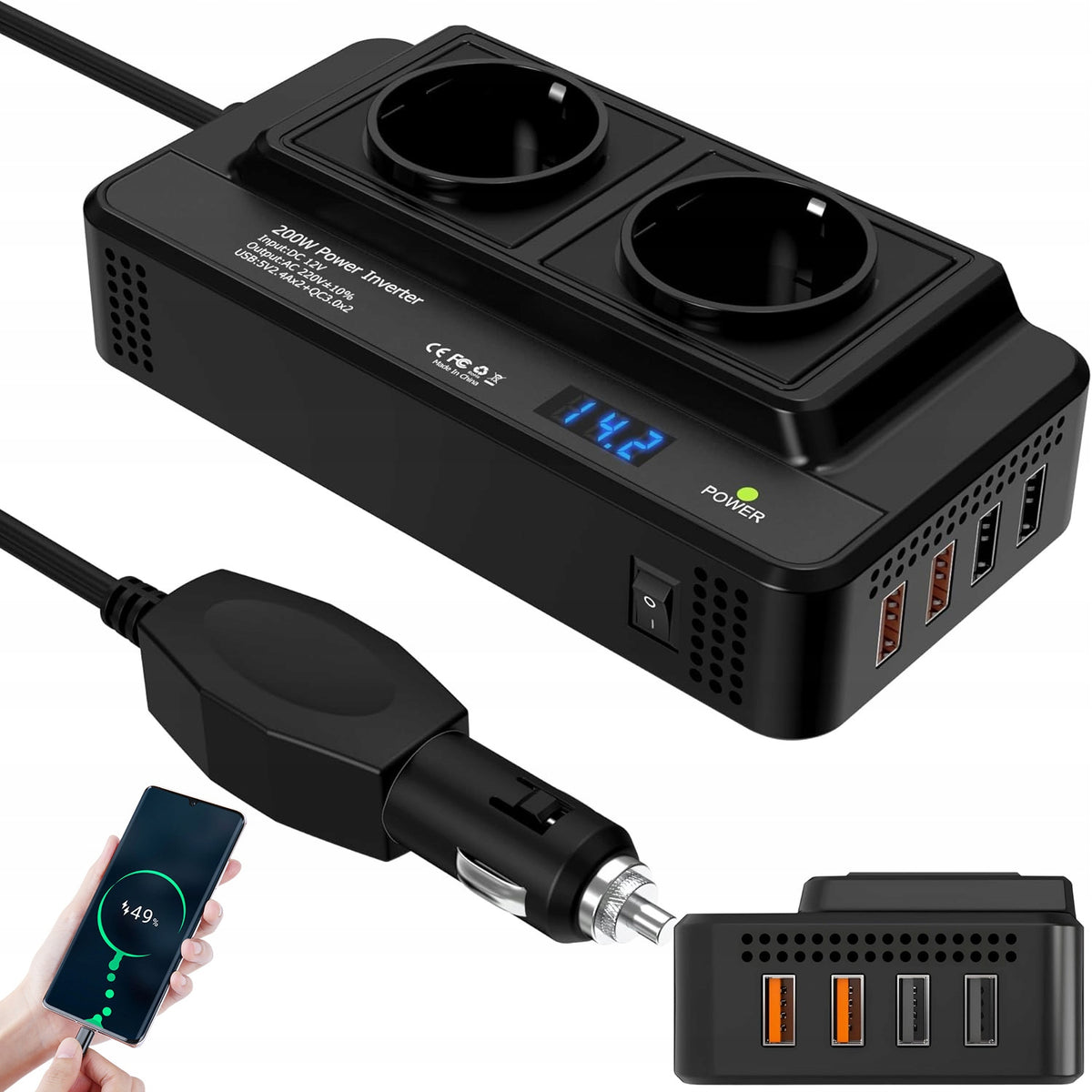12V 220V 200W CAR VOLTAGE CONVERTER INVERTER SINE 4 USB A