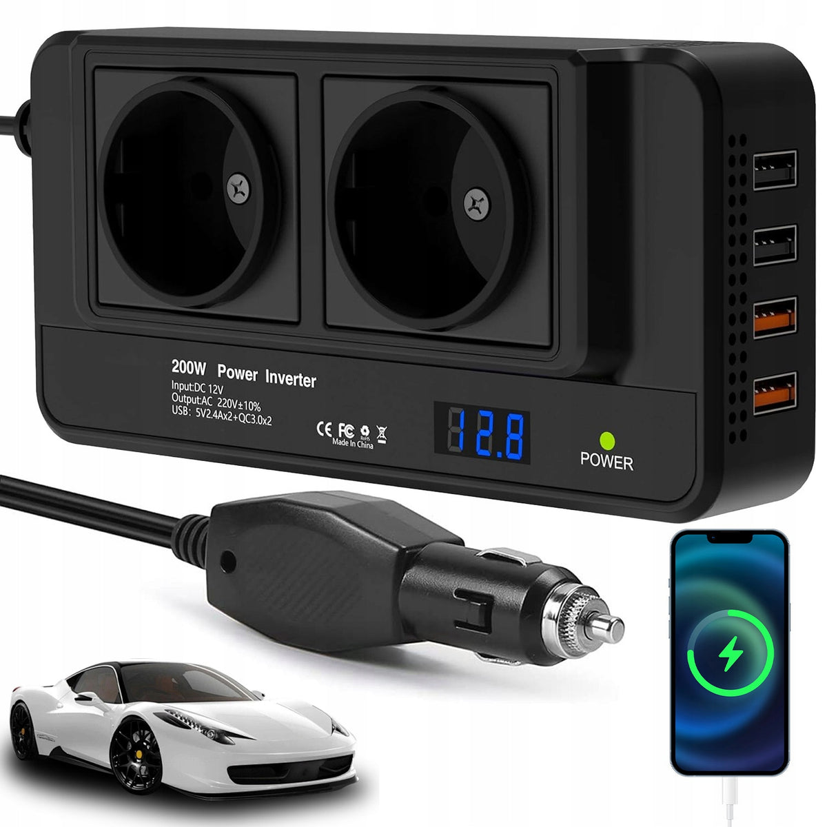 12V 220V CAR INVERTER CONVERTER 200W USB SECURITY