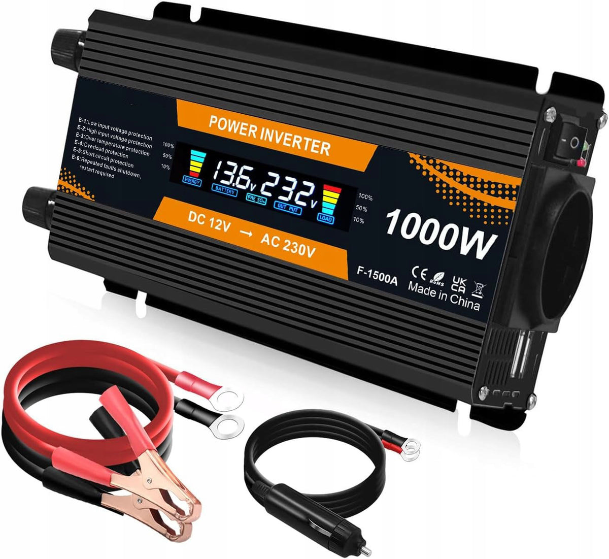 12V 230V CAR VOLTAGE CONVERTER WITH LCD SCREEN 1000W 2000W + 2x USB