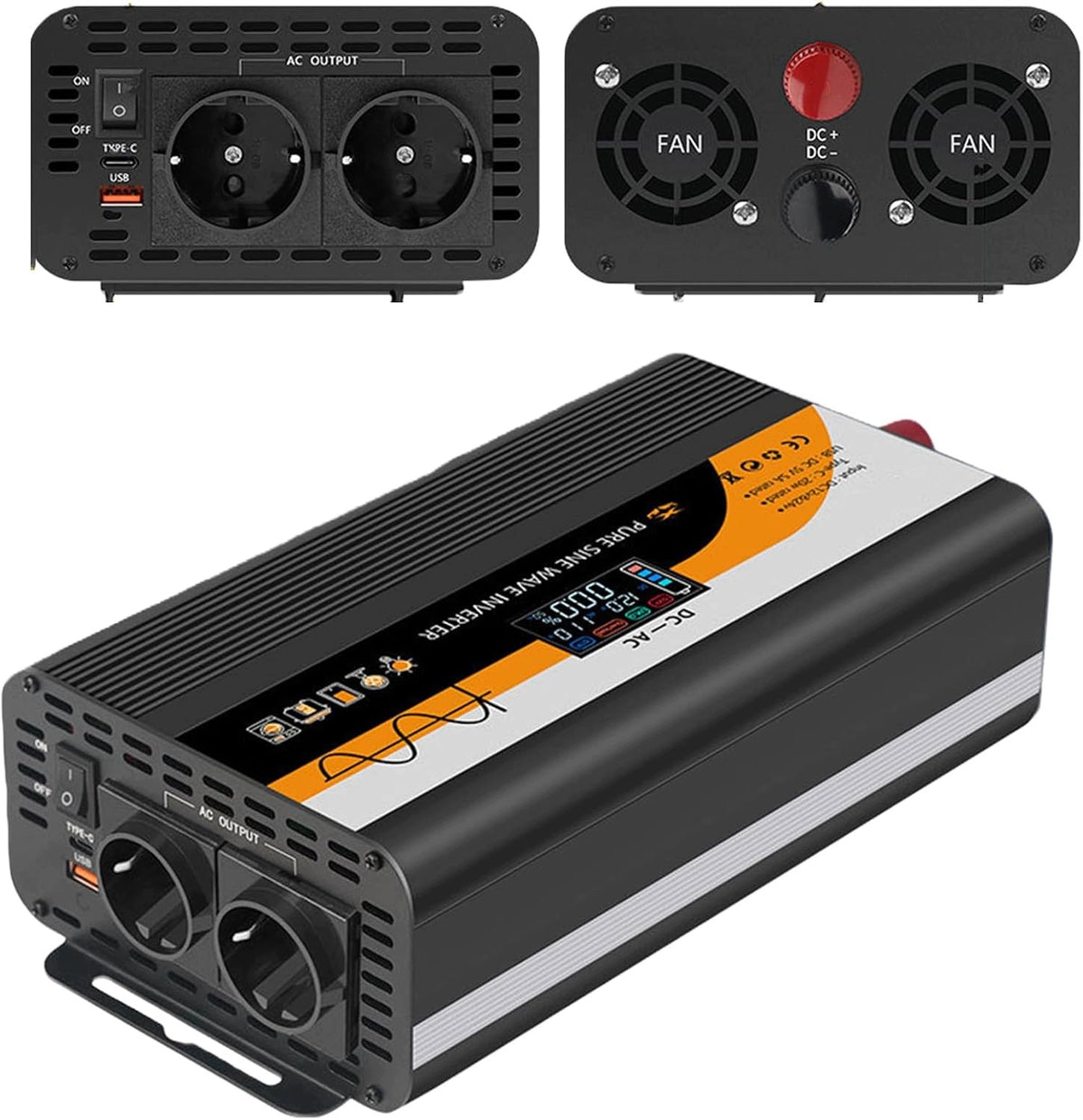 12V/24V TO 230V INVERTER 1300W/3000W PURE SINE LCD USB TYPE C