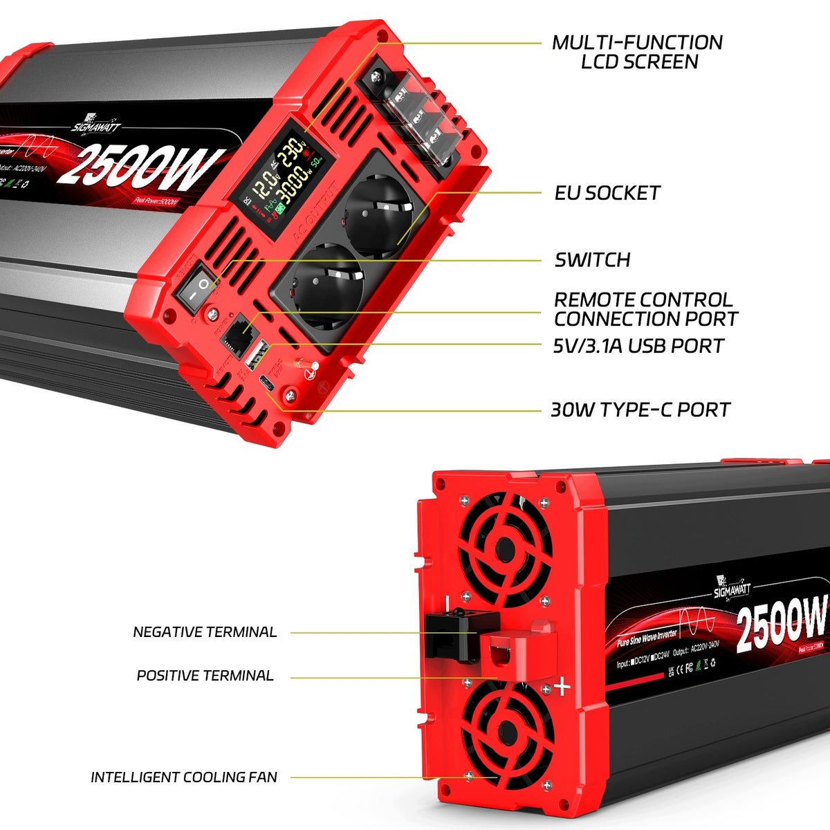 12V 2500W Continuous Pure Sine Wave Inverter, Car Power Inverter Brand no brand