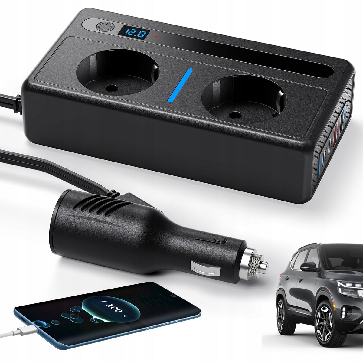12V TO 220V 300W CAR CONVERTER WITH 2 AC SOCKETS, USB-C PD