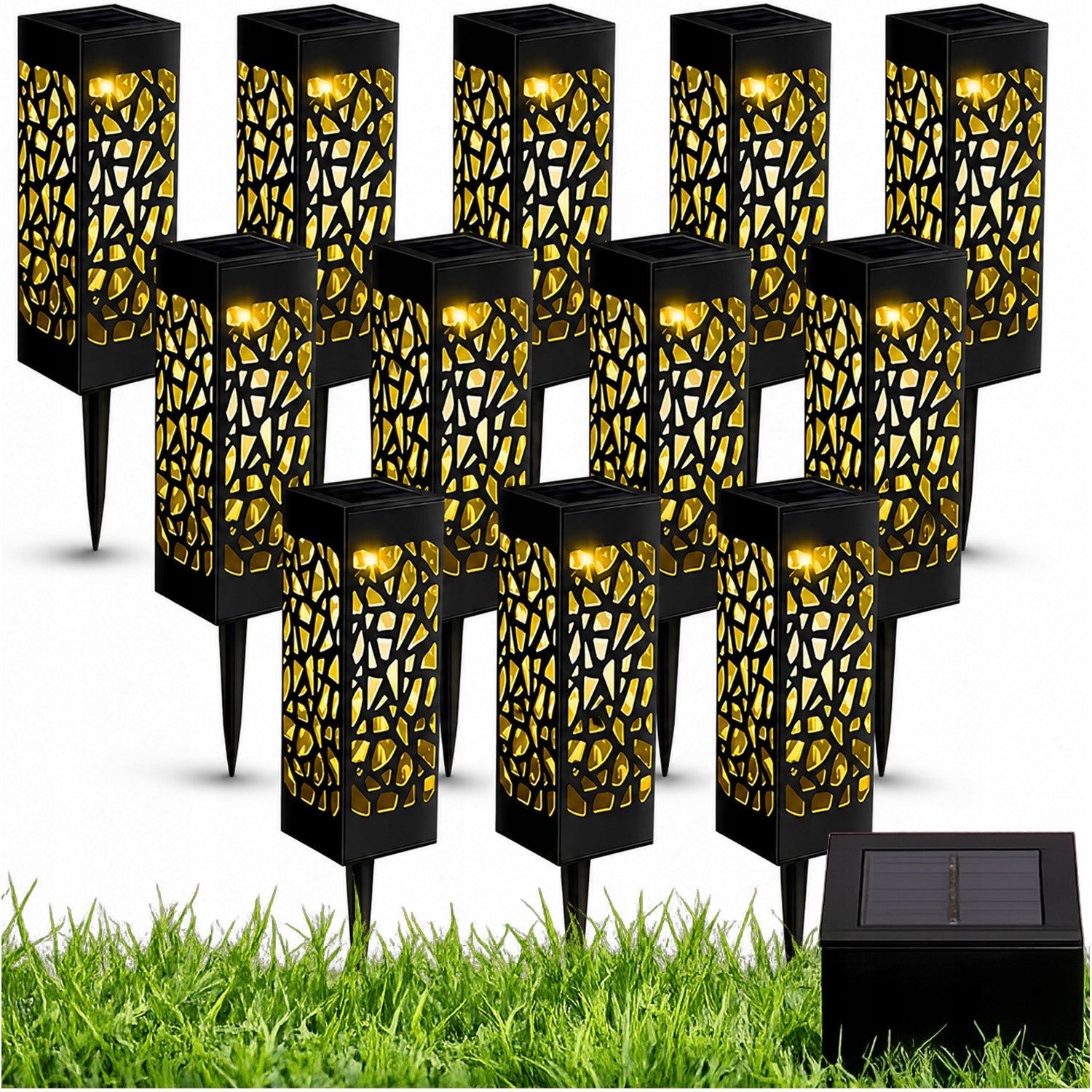 12x SOLAR GARDEN LAMP OPENWORK FLAME LED LANTERN POST WHITE WARM