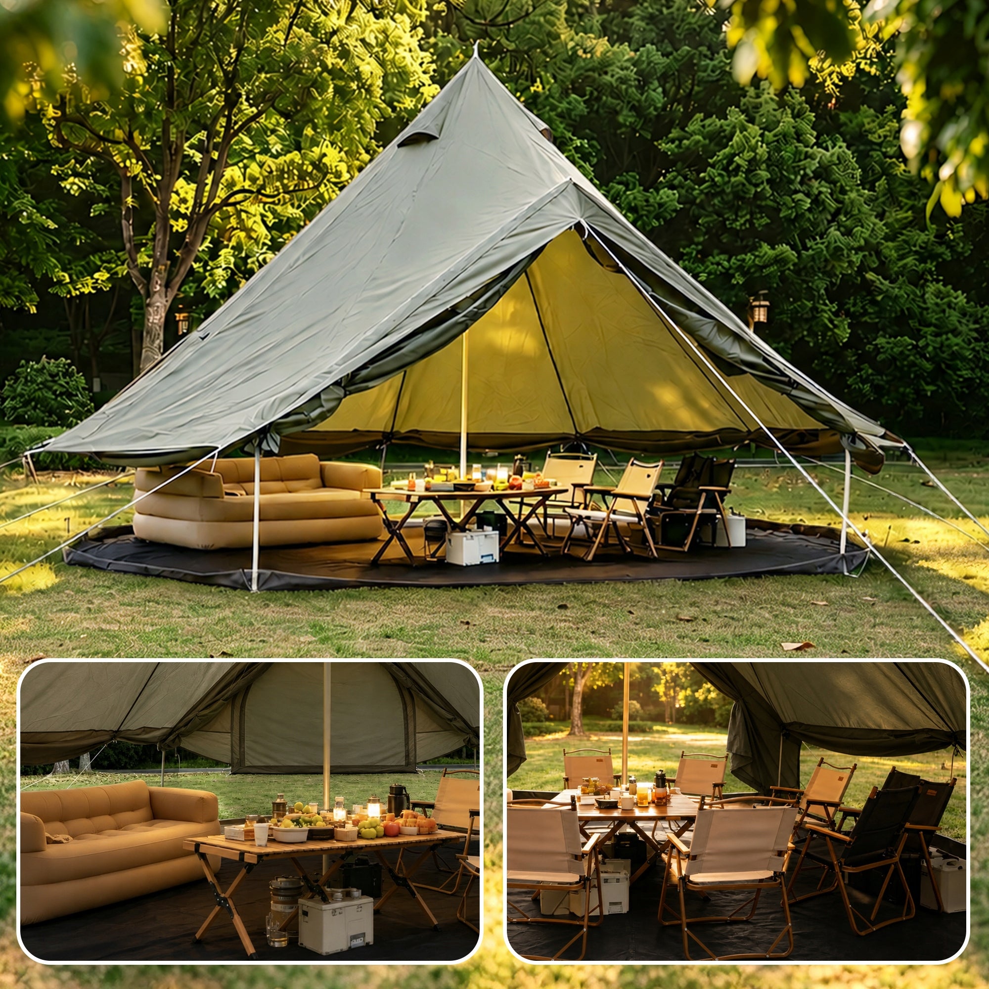 13,1 foot yurt tent with stove and chimney, green and warm tent.