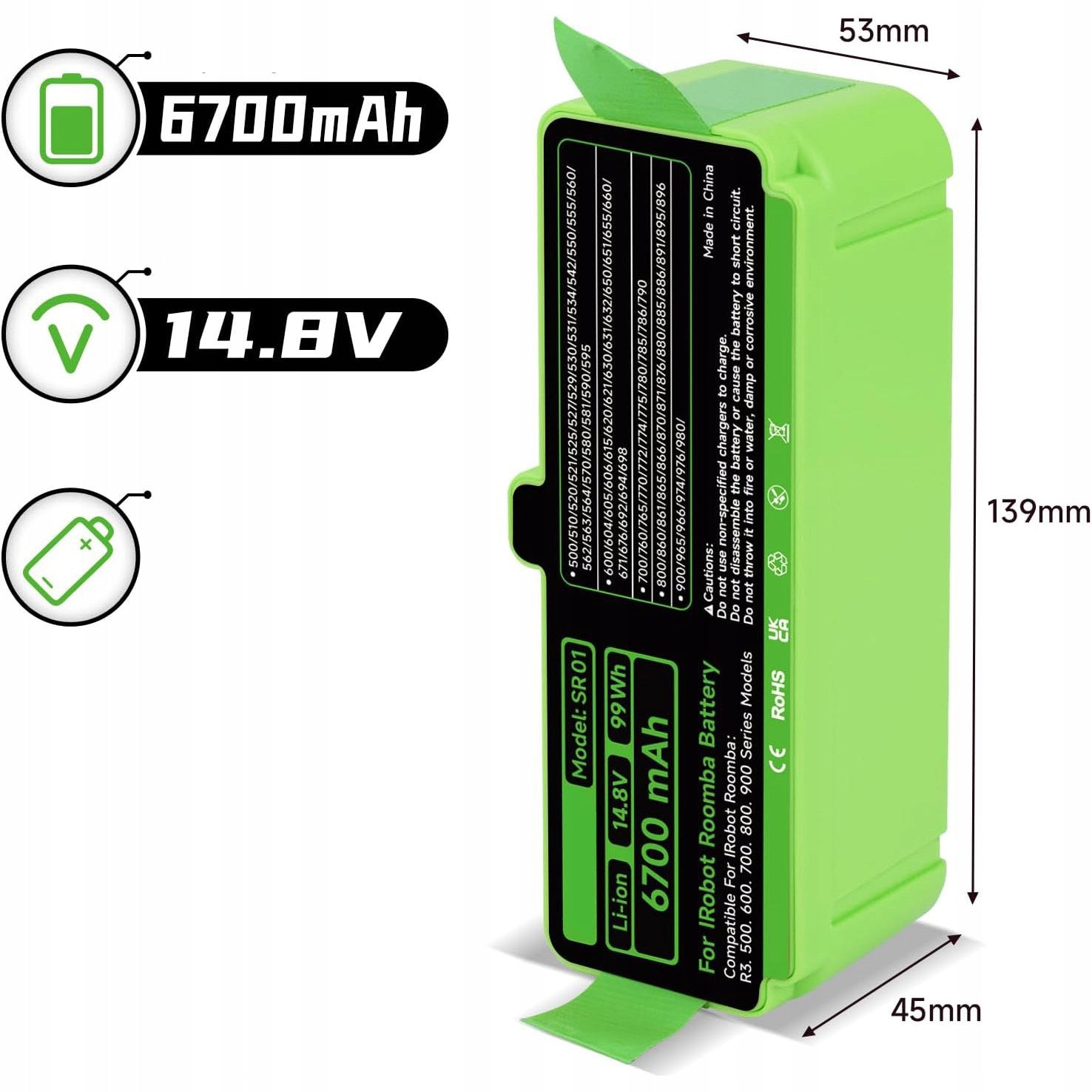 14,8 V 6700 MAH LITHIUM-ION BATTERY FOR IROBOT ROOMBA 900/800/700/600 Packaging status original