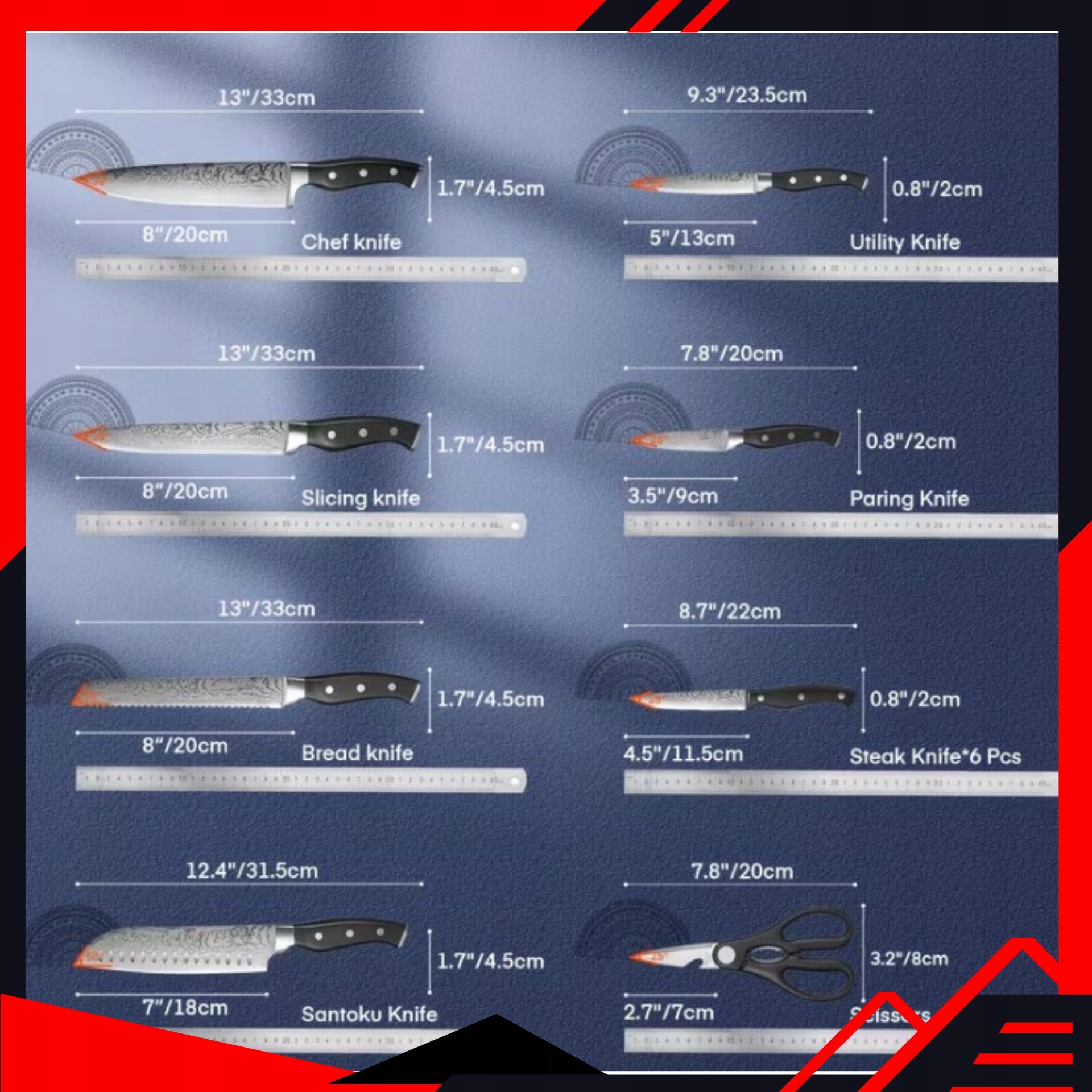 14 El. Japanese Style Kitchen Knife Set in Elegant Black Block Manufacturer code Zestaw Noży Kuchennych 14 Elementów