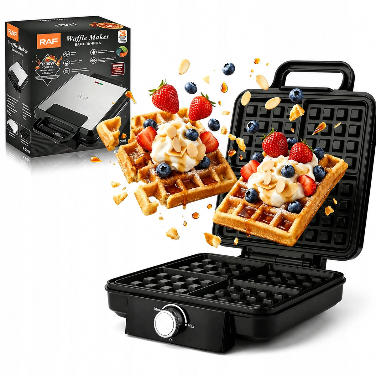 1500W ELECTRIC WAFFLE MAKER FOR 4 LARGE WAFFLES TEMPERATURE CONTROL