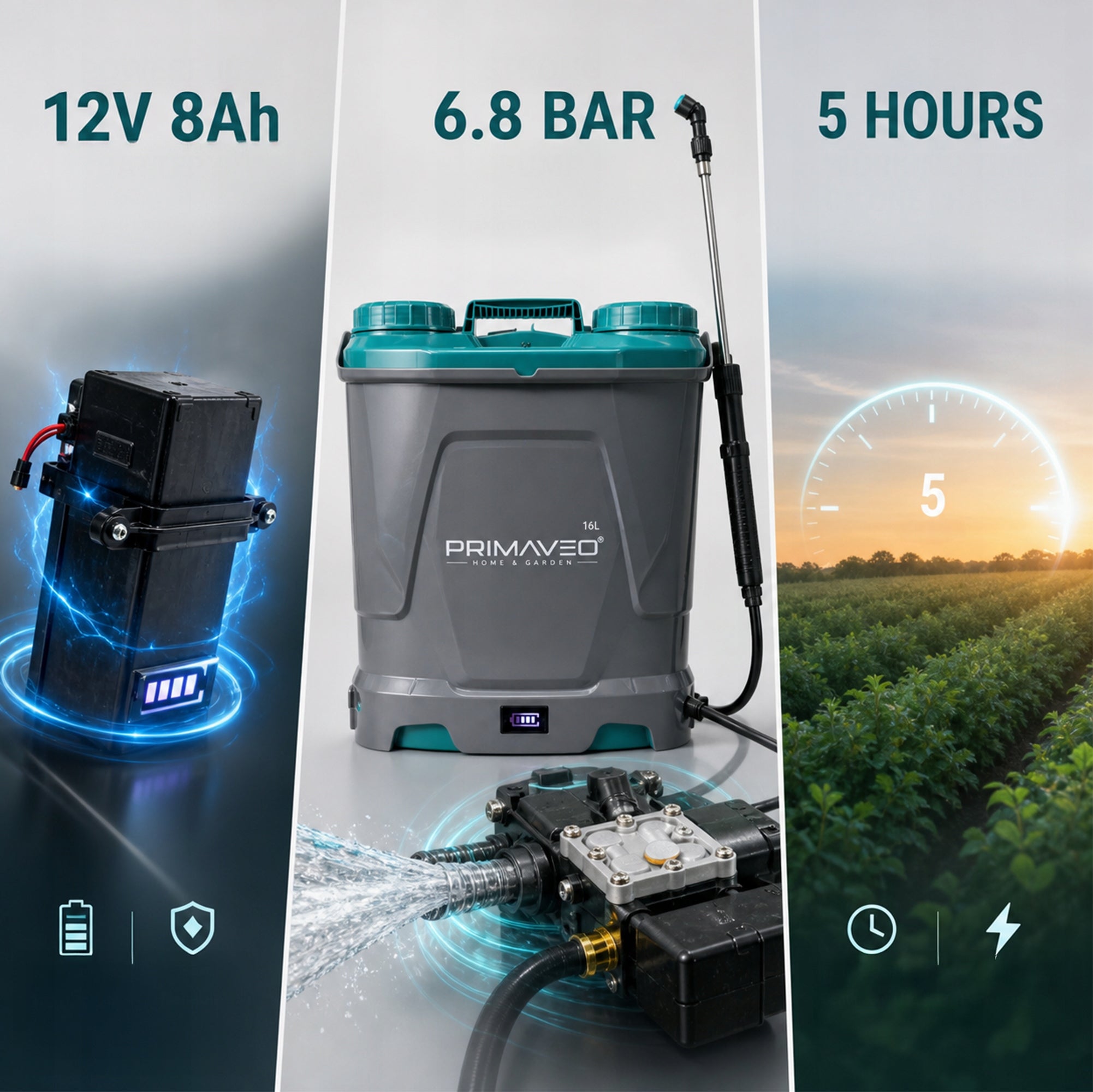 16L GARDEN PRESSURE CORDLESS BACKPACK SPRAYER +11 NOZZLES STRONG Spray range 650 cm