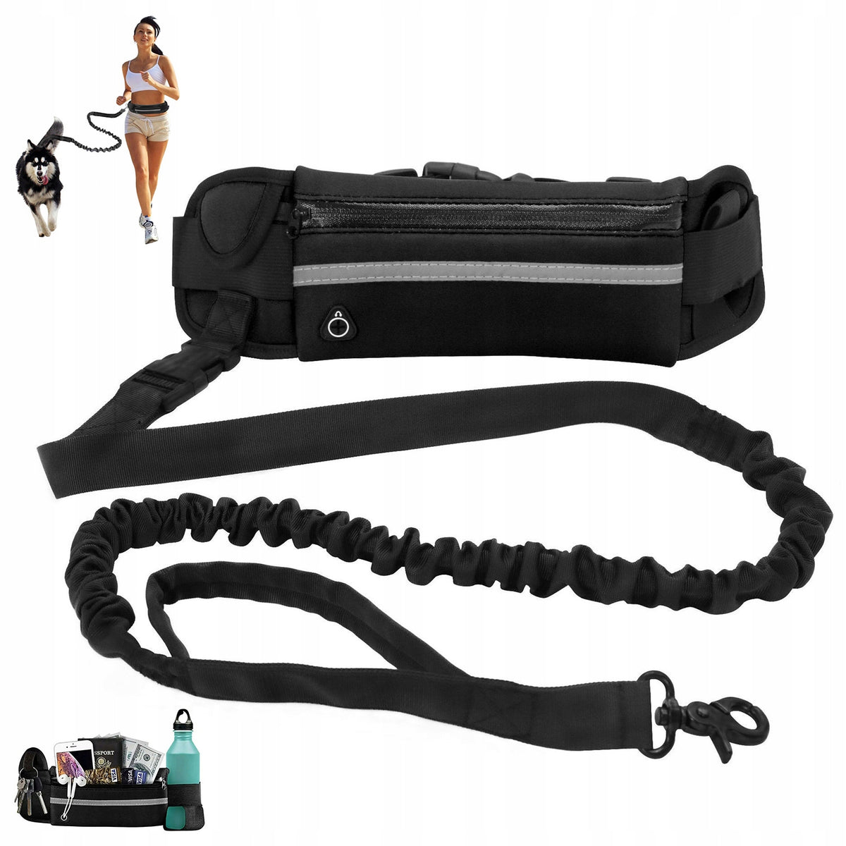 2.2m Elastic Dog Running Leash with Shock Absorbing Black.