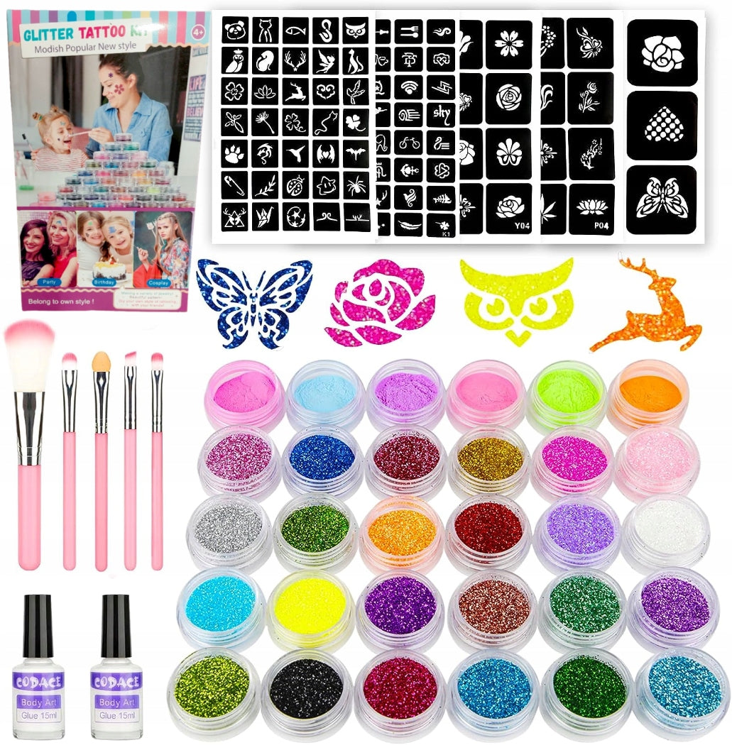 2 LARGE TATTOO MAKING KITS 240 STENCILS GLITTER WASHABLE GLITTER Packaging status original