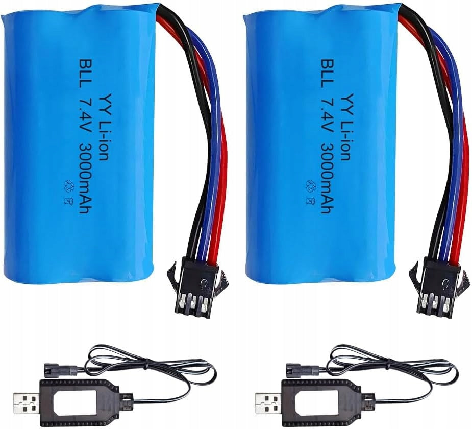 2 Li-Ion 7.4V 3000mAh RC Batteries with SM-3P Connector + 2 USB Cables RC