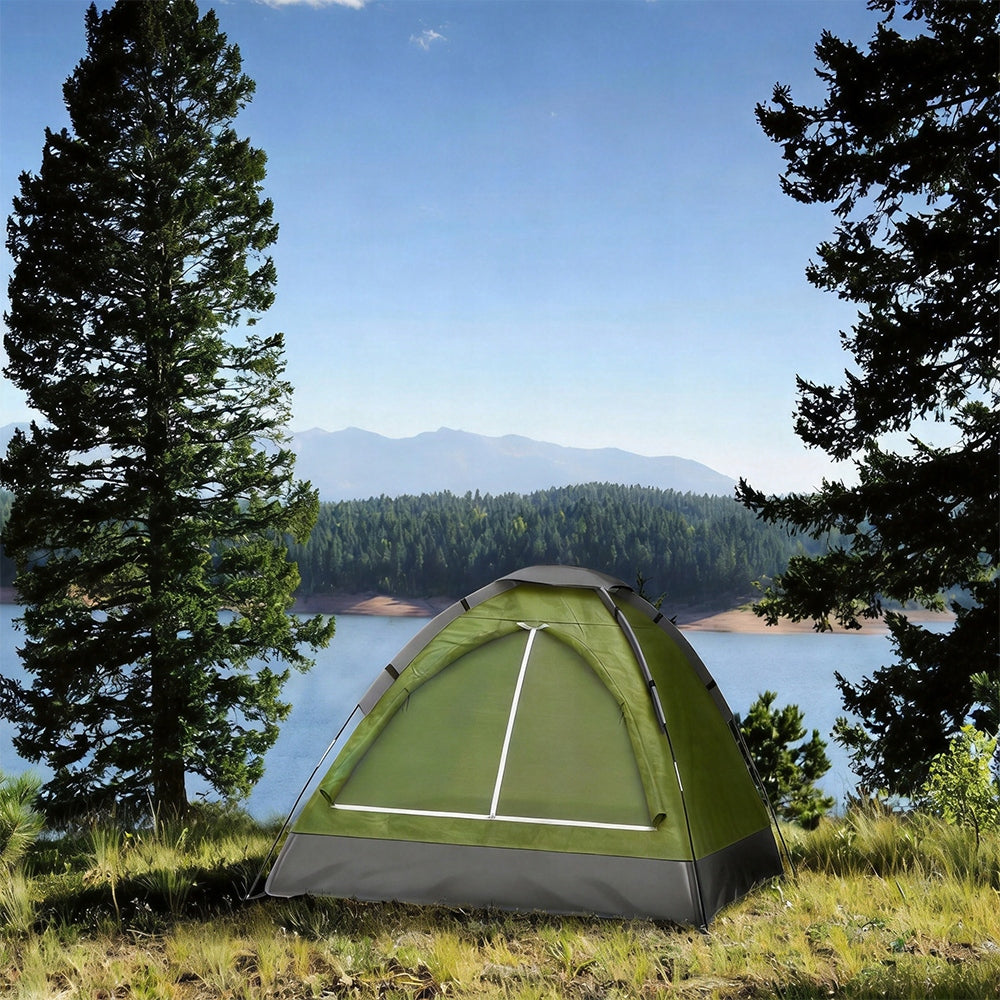2-Person Tent Green-Grey With Mosquito Net For Camping And Hiking Packaging status original