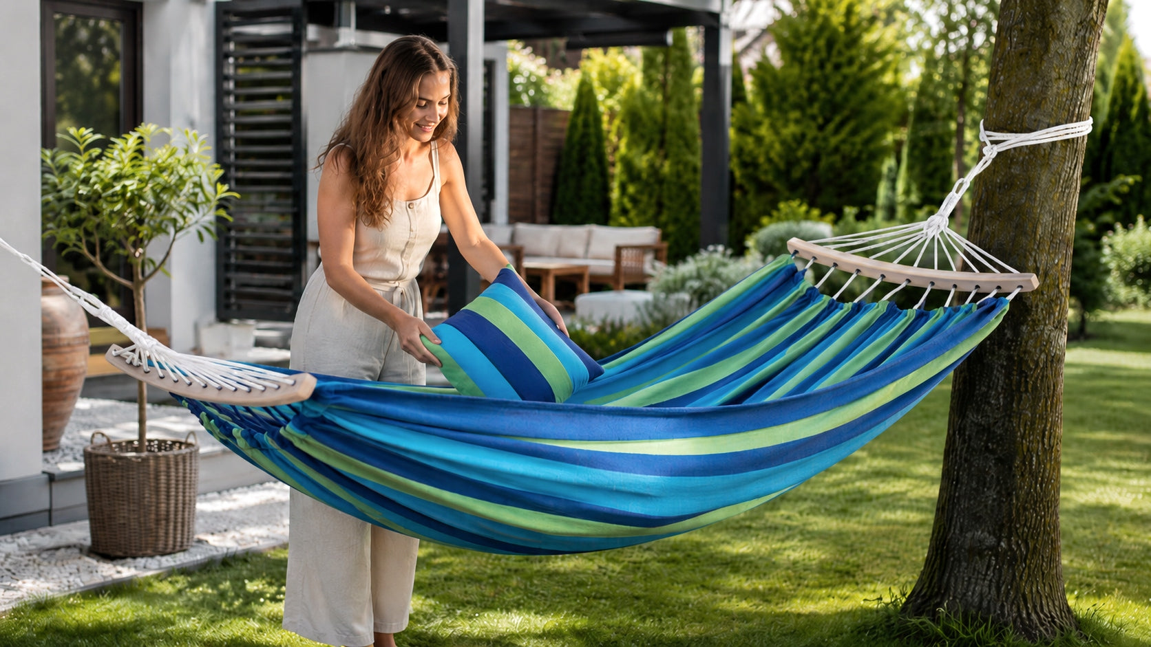 2 SEATER GARDEN HAMMOCK WITH CUSHION SWING REINFORCED HEADBAND LARGE + BAG Packaging status original
