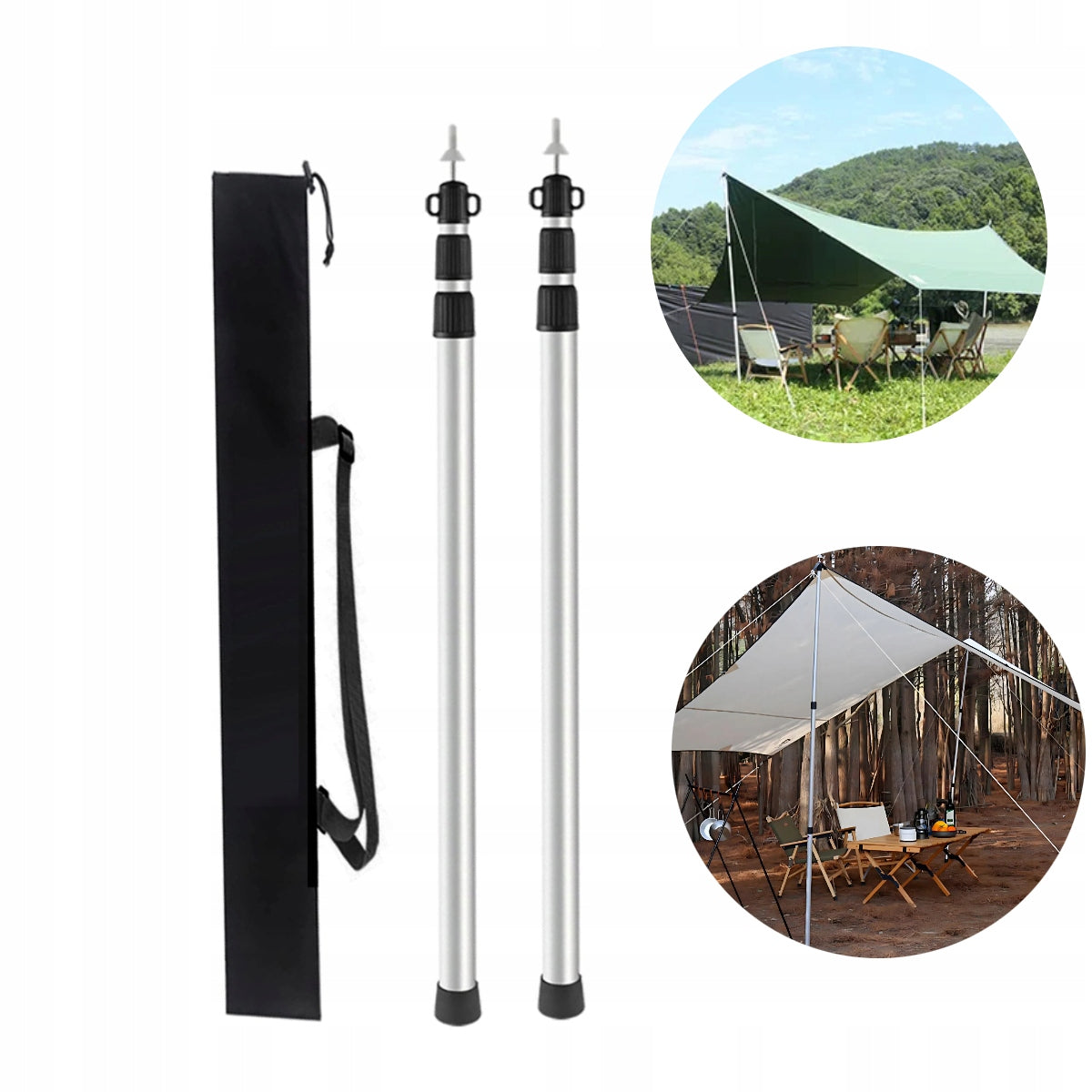 2 TENT RODS ADJUSTABLE POLE BARS FOR TARPAULIN SET 90-230CM