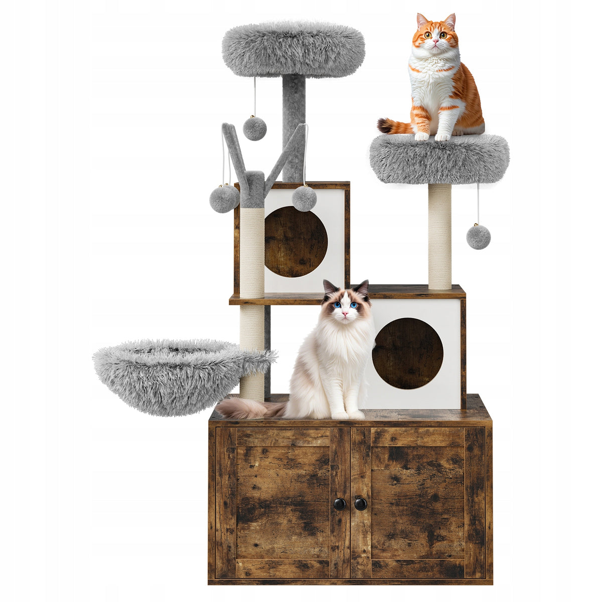 2-in-1 Cat Tree,Hidden Litter Box Enclosure,Oak+Light Grey Packaging status original