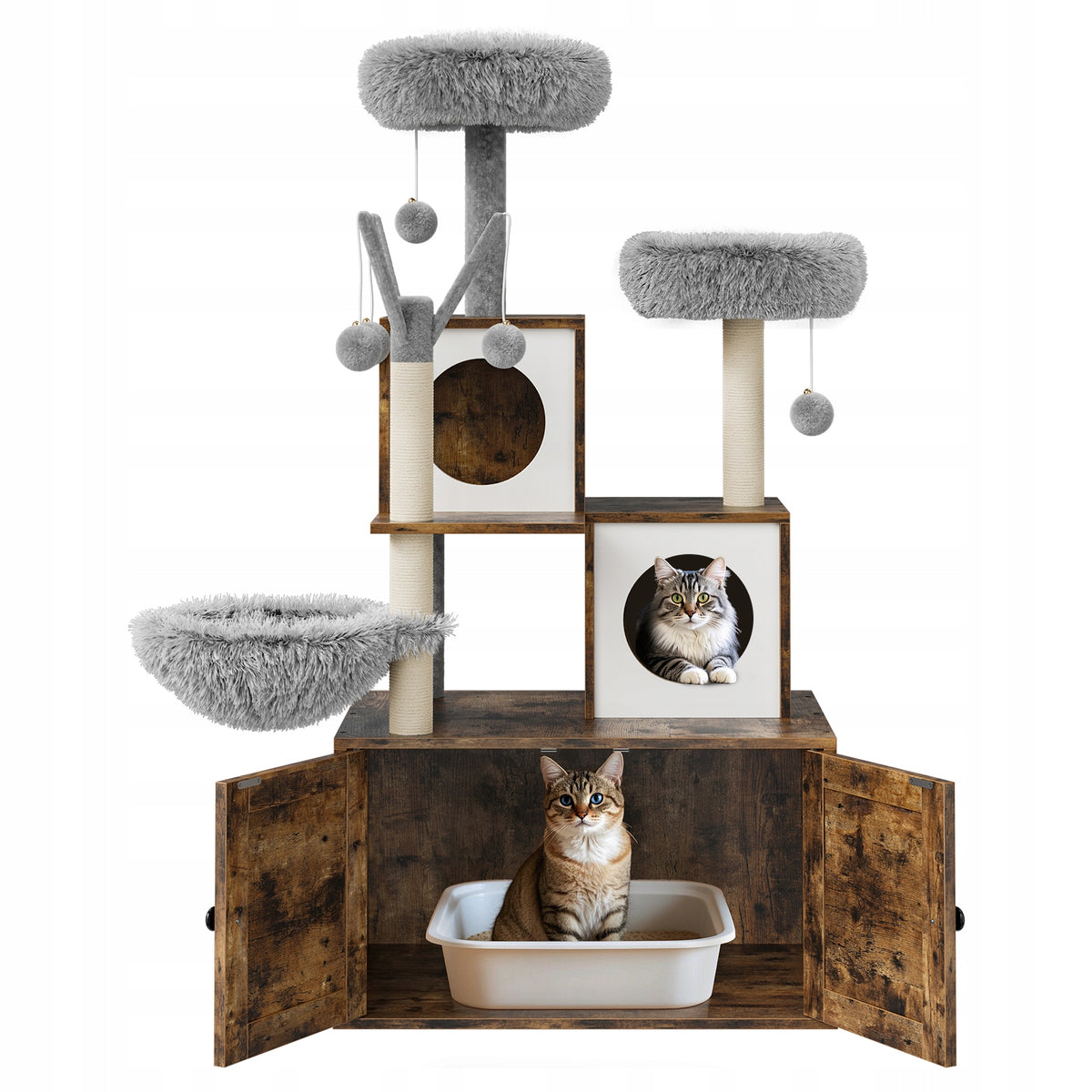 2-in-1 Cat Tree,Hidden Litter Box Enclosure,Oak+Light Grey