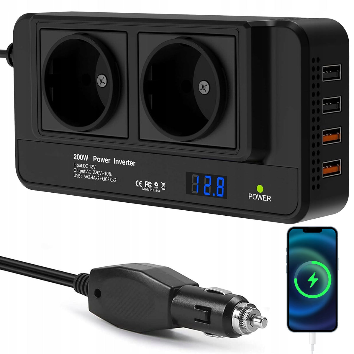 200W 12V TO 230V CAR CONVERTER WITH USB QC AND AC SOCKETS