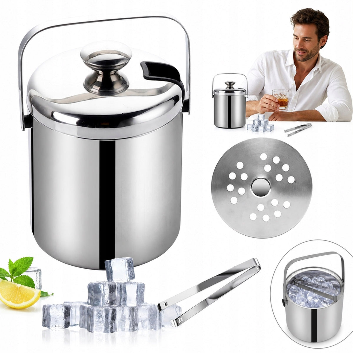 2026 ICE BUCKET ICE CONTAINER CUBES WITH LID 1,3L LARGE +TONGS