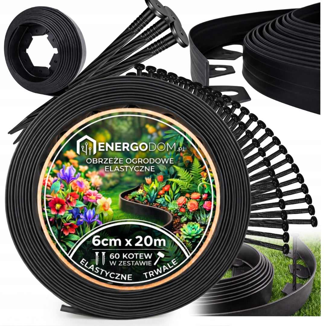 20m Lawn edging 6cm 60mm + anchors 60pcs - Garden edging Black