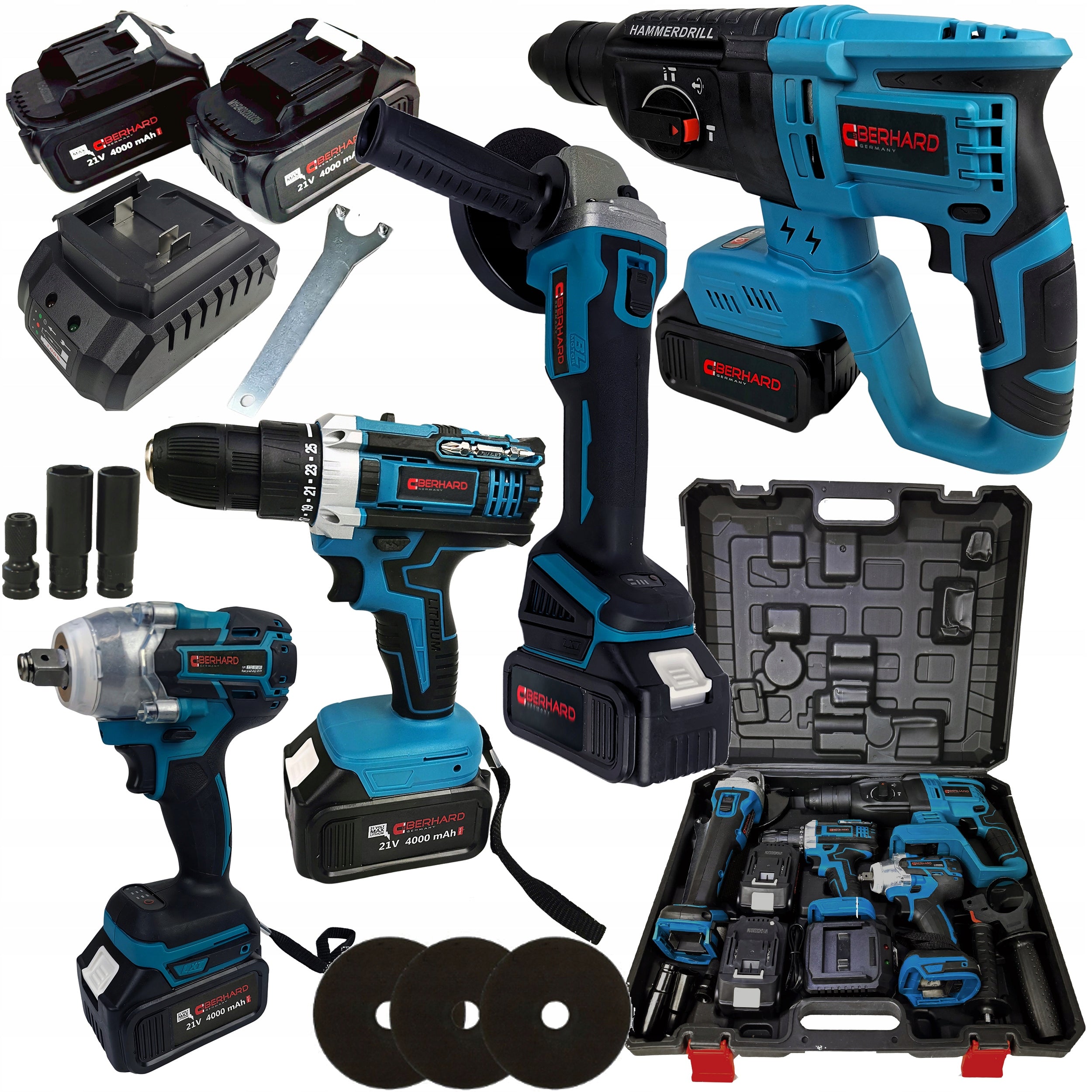 21V 4in1 CORDLESS TOOL SET HAMMER DRILL WRENCH GRINDER AKU