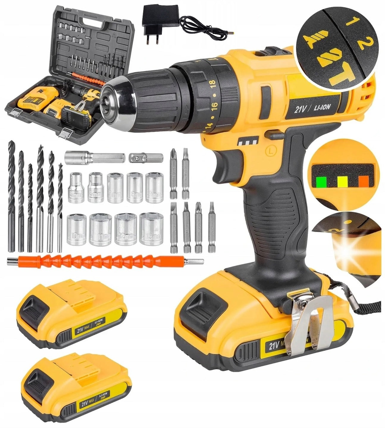 21V DRILL CORDLESS CASE CAP BITS LED CASE 2AKU Power supply rechargeable battery