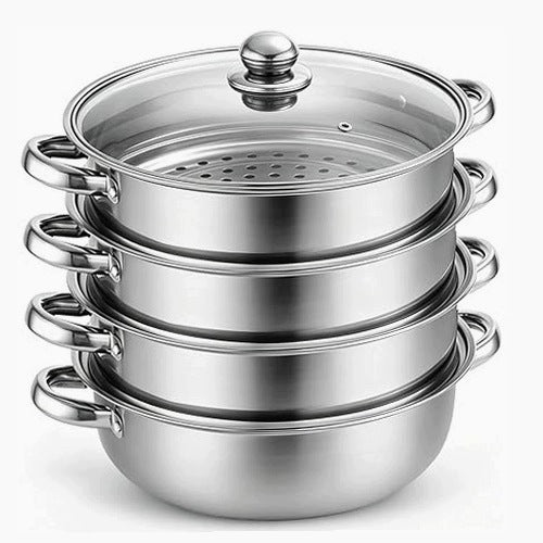28 CM STAINLESS STEEL STEAMER SET OF 3 GLASS CONTAINERS INDUK COVER
