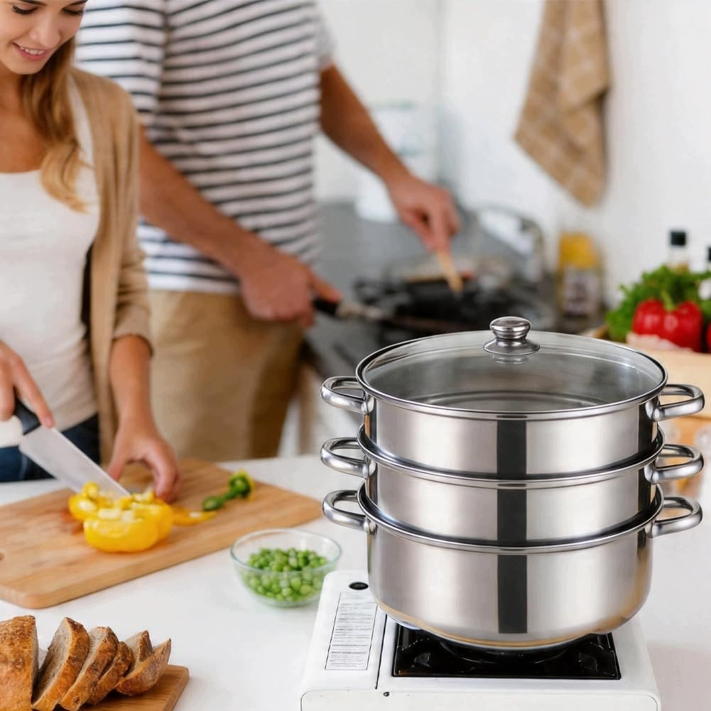 28CM 4-TIER STEEL STEAMER FOR STEAMING Brand OM