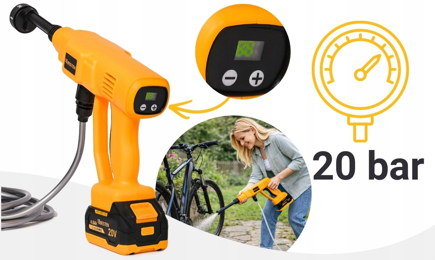 2Aku 4Ah Cordless Pressure Washer Multifunction Nozzle Wireless Brand BESTEN