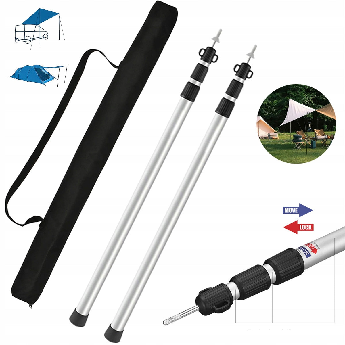 2PCS ADJUSTABLE TARP POLES TELESCOPIC TENT POLES ALUMINUM 90-230CM