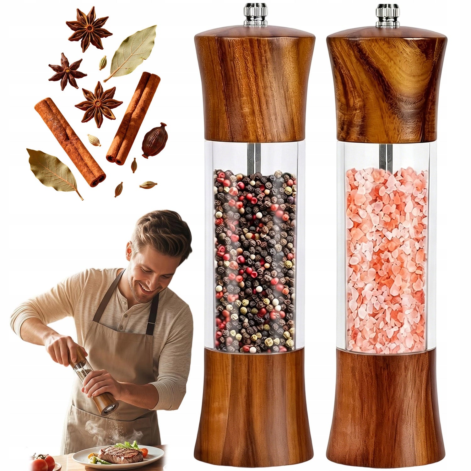 2PCS SALT AND PEPPER GRINDER HANDHELD WOODEN GRINDERS SPICE SET