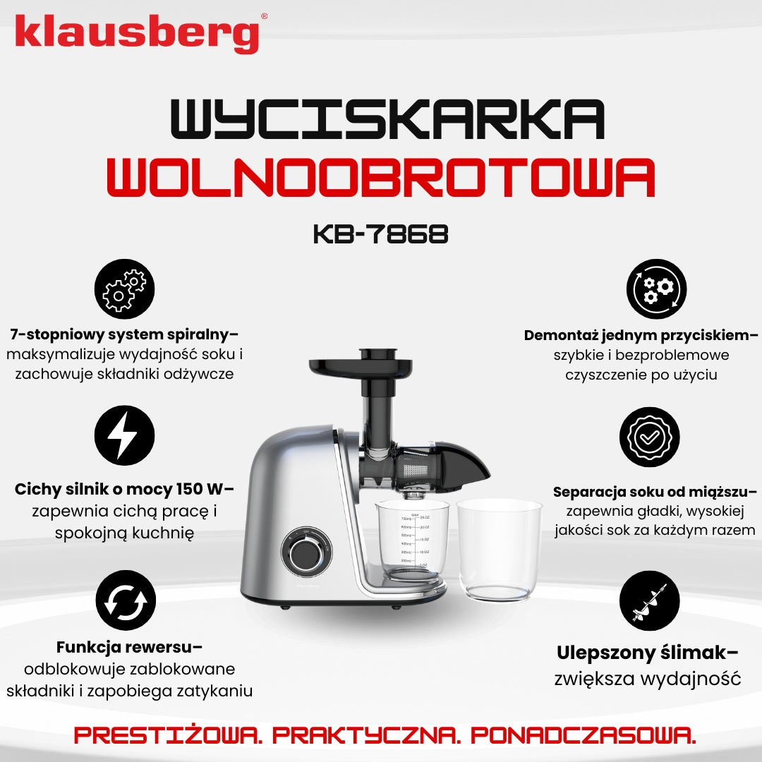 2X JUICER SLOW JUICER KLAUSBERG KB-7868 Dominant color silver