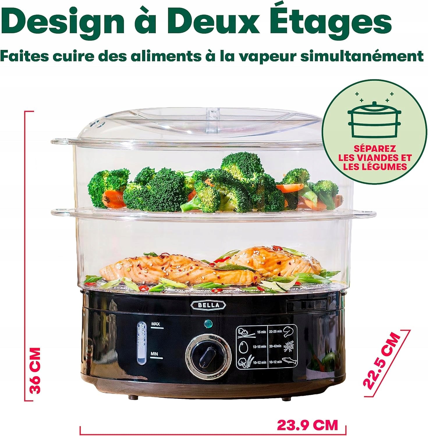 2X TWO-LEVEL ELECTRIC STEAMER 7L WITH AUTOMATIC SHUTDOWN Dominant color black