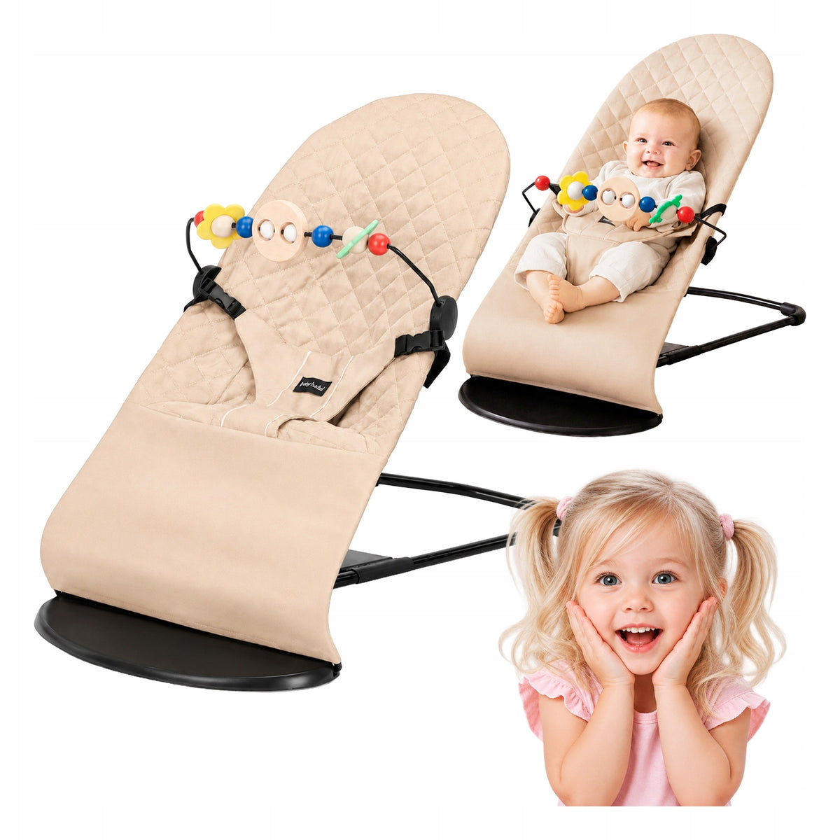 2in1 BABY ROCKER LOUNGER FOLDING ADJUSTABLE 3 POSITIONS BEIGE Packaging status original