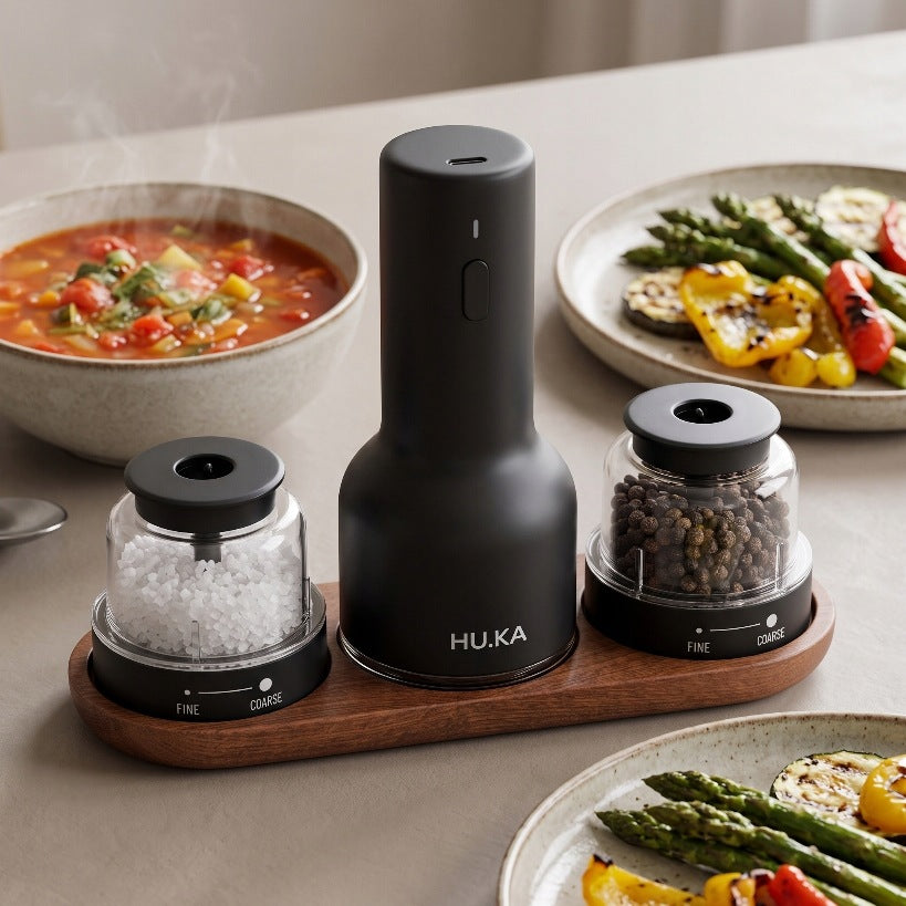 2in1 Electric Salt and Pepper Grinder USB-C HU.KA Pulse Premium Wood Packaging status original