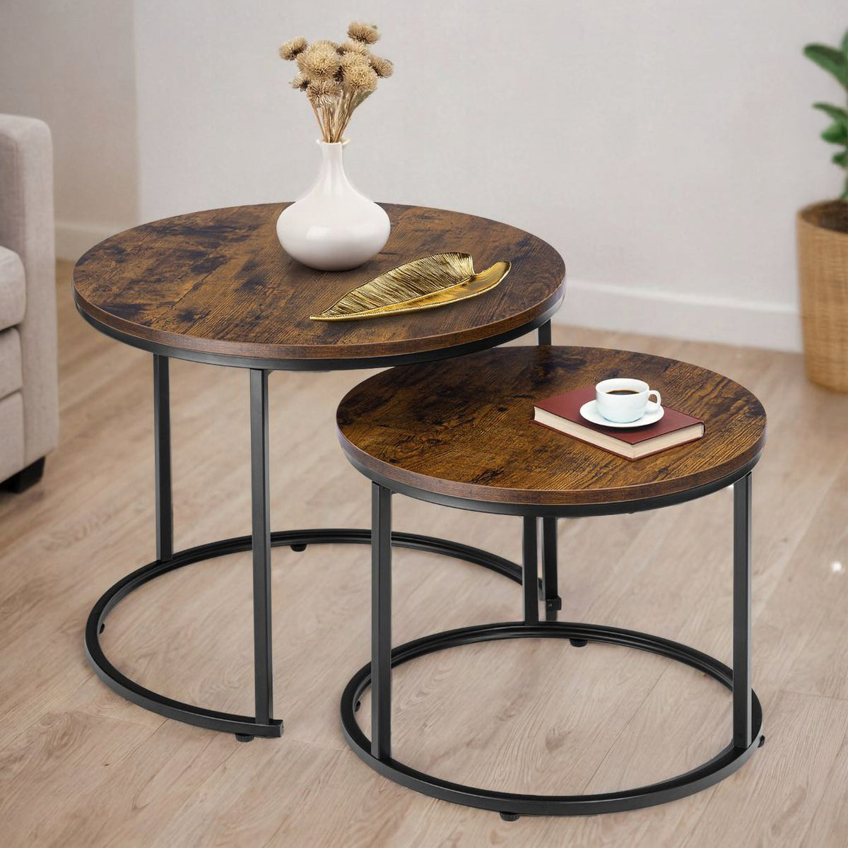 2in1 FOLDING ROUND COFFEE TABLE SET FOR LIVING ROOM BENCH LOFT RUSTIC Brand LoftInspired