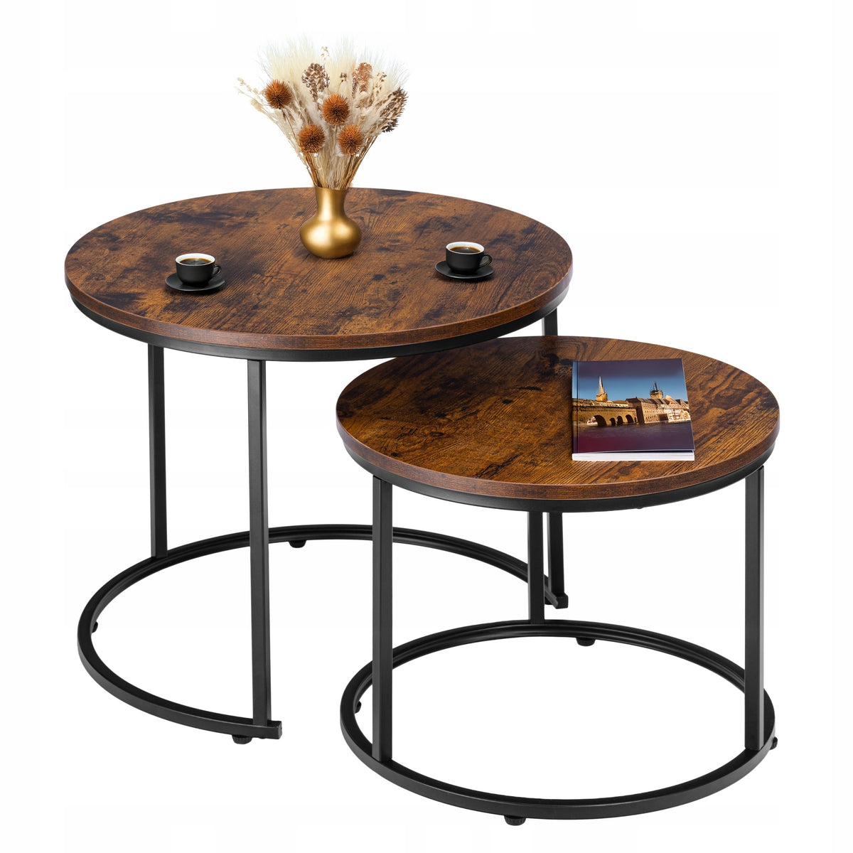 2in1 FOLDING ROUND COFFEE TABLE SET FOR LIVING ROOM BENCH LOFT RUSTIC