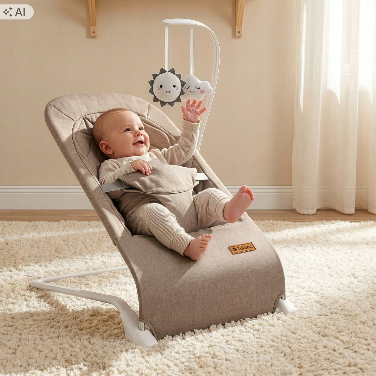2in1 ROCKER LOUNGER for baby TULANO beige taupe STRIPES + TOYS Brand TULANO