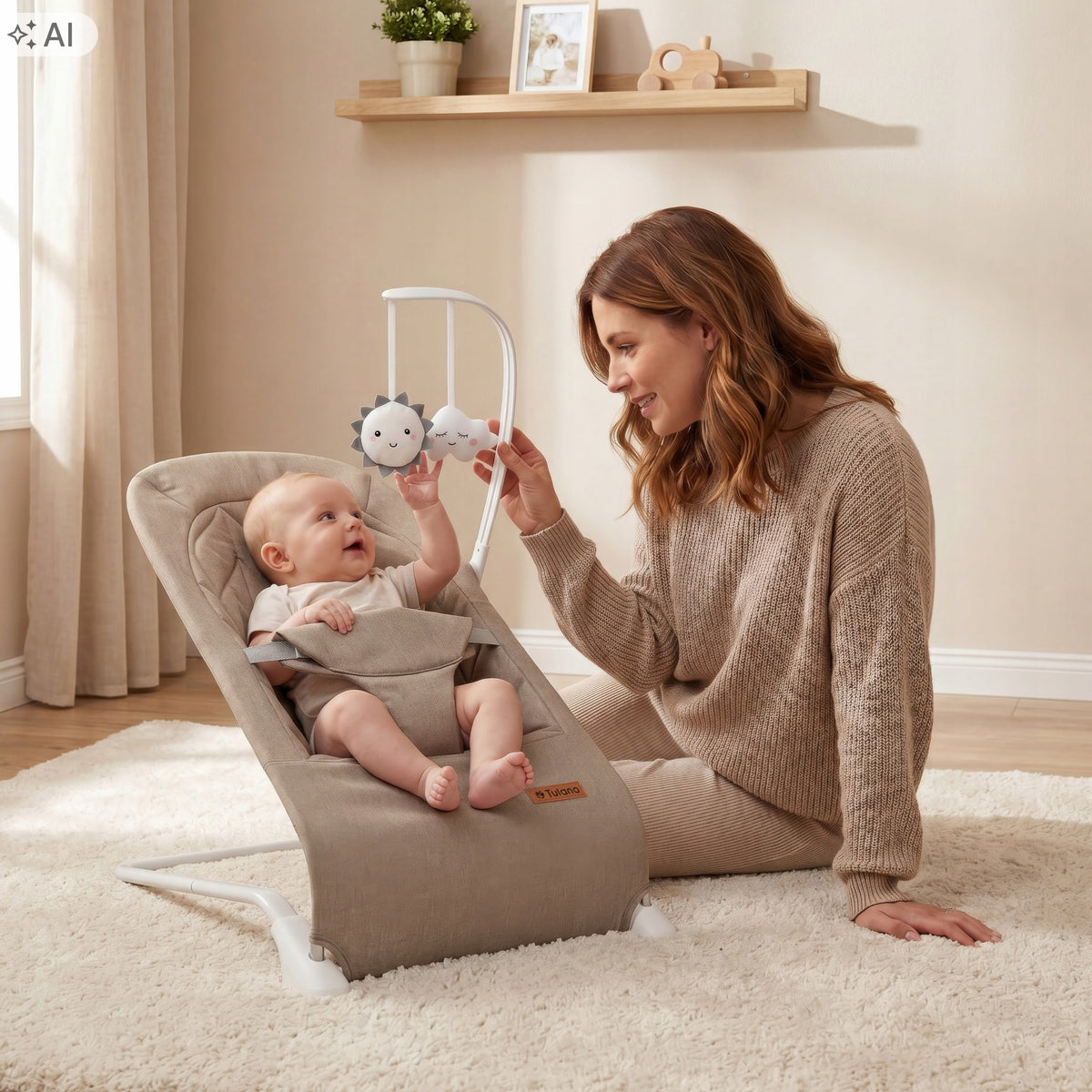 2in1 ROCKER LOUNGER for baby TULANO beige taupe STRIPES + TOYS Packaging status original