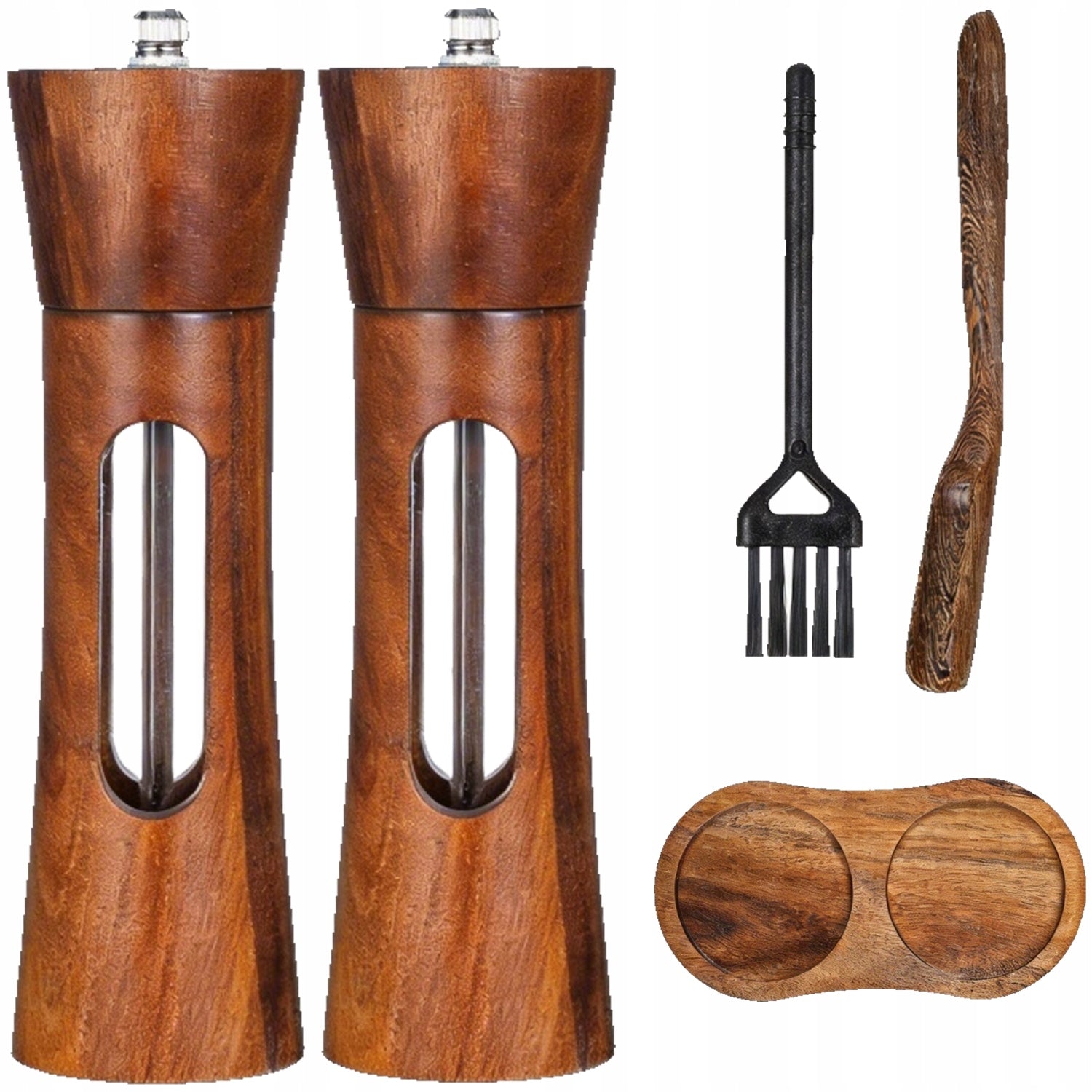 2pcs Handheld Wooden Salt and Pepper Grinder Set with Stand, Spoon