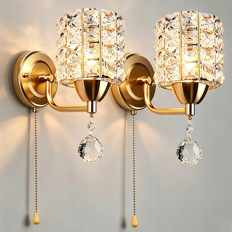 2pcs Modern Crystal Wall Lamp Gold Plated E27 Lighting Pull Cord Switch