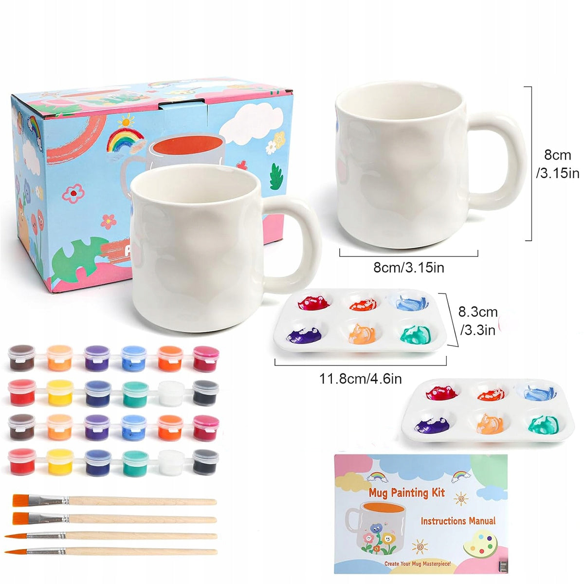 2x CREATIVE CUP ART SET PORCELAIN CUPS FOR PAINTING WITH PAINTS Kid's age 5+ years