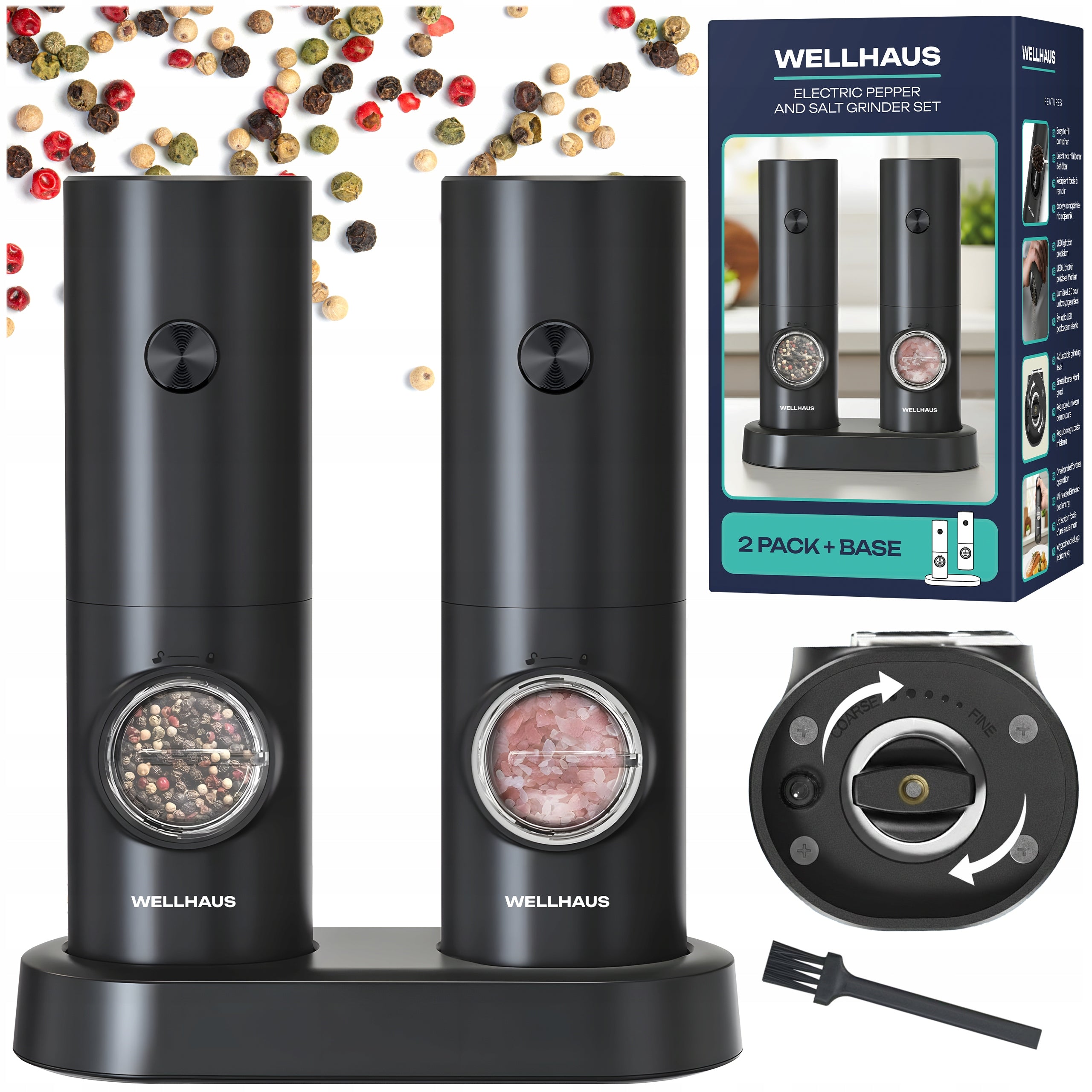 2x ELECTRIC PEPPER SALT GRINDER SPICES ADJUSTABLE STAND WELLHAUS
